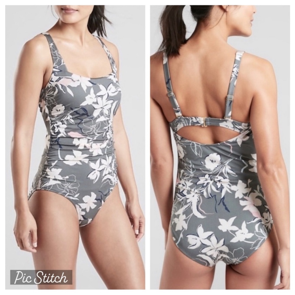 Athleta One Piece Floral Swimsuit bathing suit XS gray